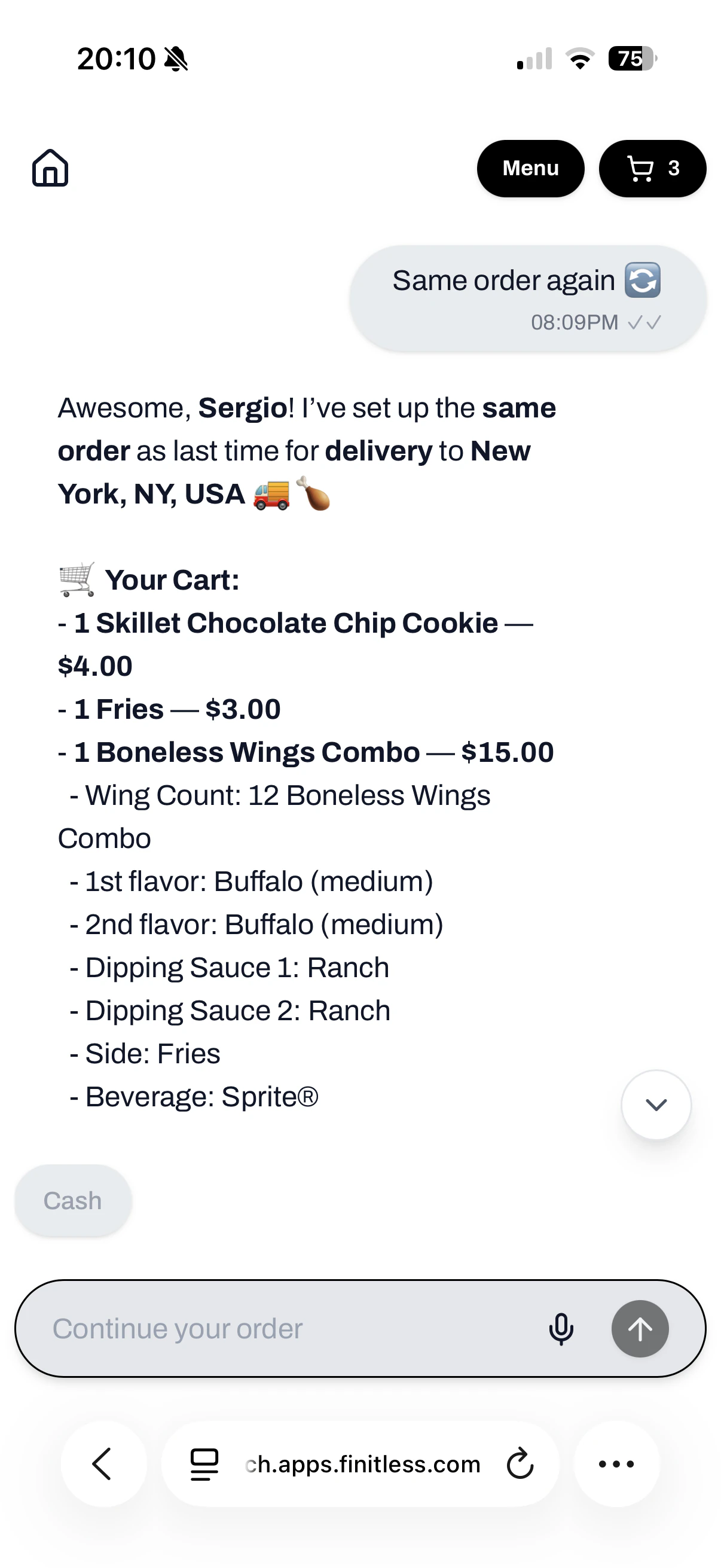 Finitless webchat ordering interface